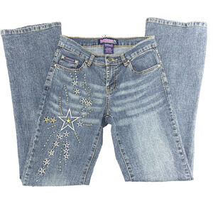 Vtg Y2K Bubblegum Jeans Womens 3/4 Flare Gold Silver Embroidered Stars Low Rise